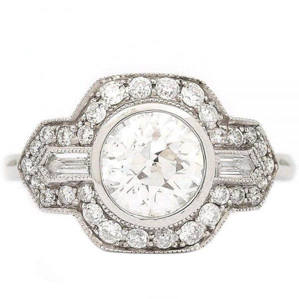 Platinum Round Old Mine Cut Diamond 1.19 Carat Cluster Engagement Ring