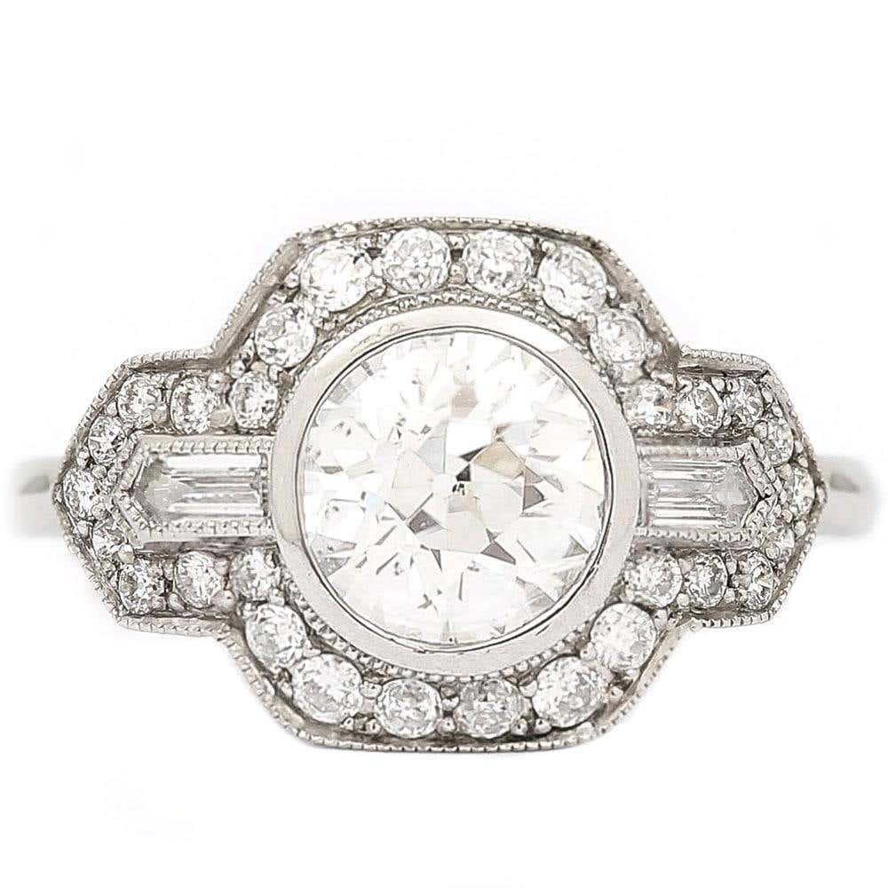 Platinum Round Old Mine Cut Diamond 1.19 Carat Cluster Engagement Ring