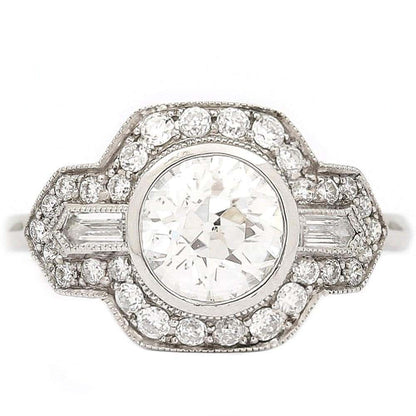 Platinum Round Old Mine Cut Diamond 1.19 Carat Cluster Engagement Ring