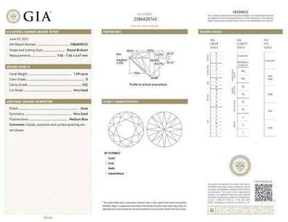 1.59ct Round Cut Diamond Solitaire Ring, D-VS2, GIA