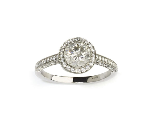 Diamond halo engagement ring, under 1 carat platinum