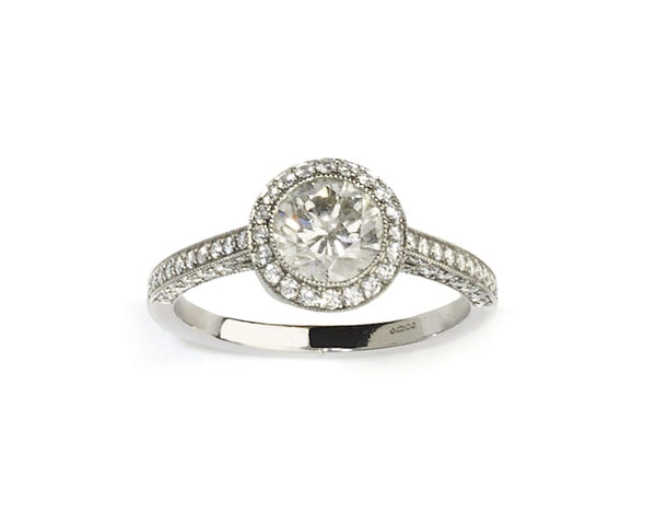 Diamond halo engagement ring, under 1 carat platinum