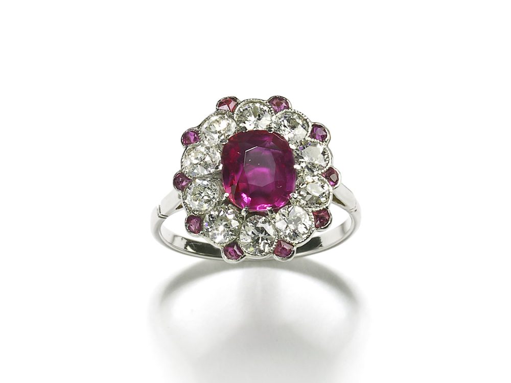 Antique Edwardian Burma Ruby and Diamond Platinum Cluster Ring