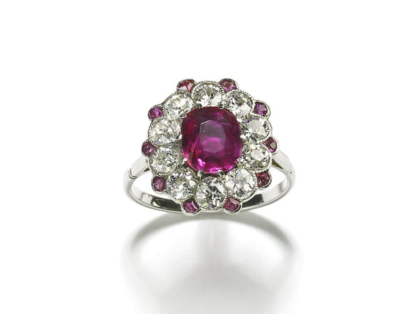 Antique Edwardian Burma Ruby and Diamond Platinum Cluster Ring