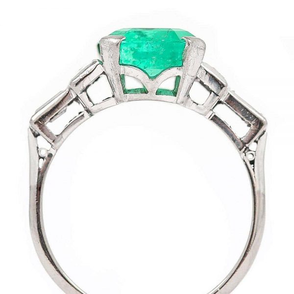 Antique Art Deco Certified Untreated 3.4ct Columbian Emerald and Baguette Diamond Ring