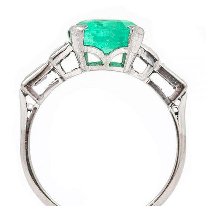 Antique Art Deco Certified Untreated 3.4ct Columbian Emerald and Baguette Diamond Ring
