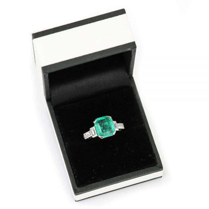 Antique Art Deco Certified Untreated 3.4ct Columbian Emerald and Baguette Diamond Ring