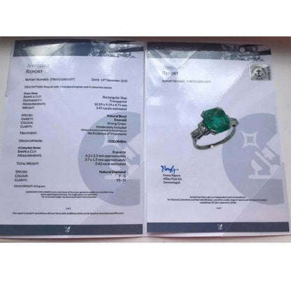 Antique Art Deco Certified Untreated 3.4ct Columbian Emerald and Baguette Diamond Ring