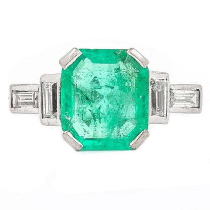 Antique Art Deco Certified Untreated 3.4ct Columbian Emerald and Baguette Diamond Ring