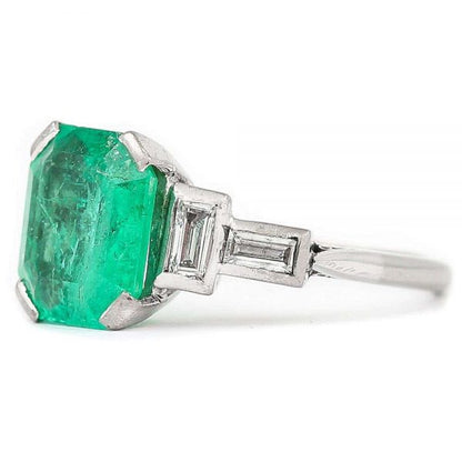 Antique Art Deco Certified Untreated 3.4ct Columbian Emerald and Baguette Diamond Ring