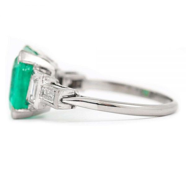 Antique Art Deco Certified Untreated 3.4ct Columbian Emerald and Baguette Diamond Ring