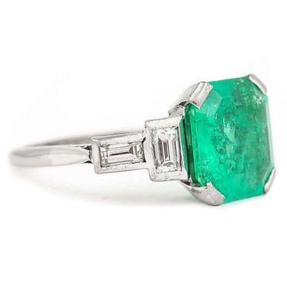 Antique Art Deco Certified Untreated 3.4ct Columbian Emerald and Baguette Diamond Ring