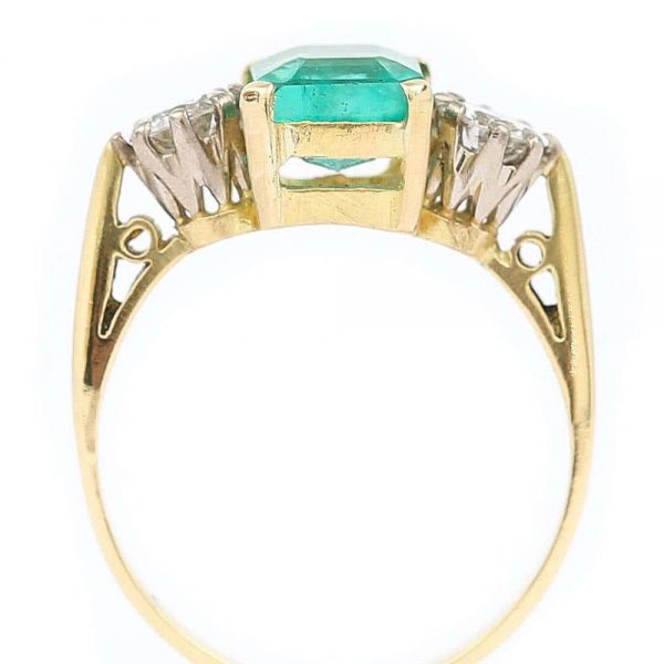 Vintage 1.48ct Emerald and 0.60ct Diamond Three Stone Ring, 18ct Yellow Gold