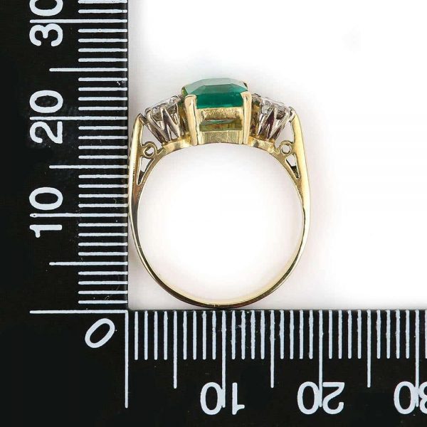 Vintage 1.48ct Emerald and 0.60ct Diamond Three Stone Ring, 18ct Yellow Gold