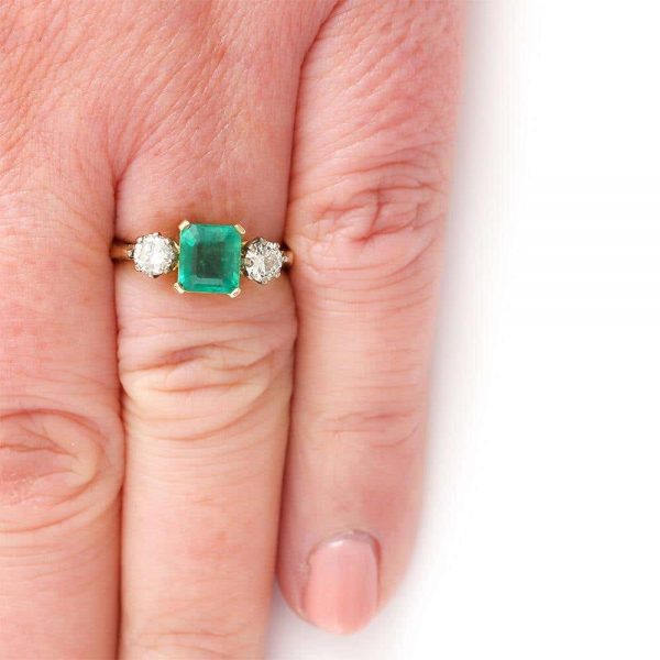 Vintage 1.48ct Emerald and 0.60ct Diamond Three Stone Ring, 18ct Yellow Gold