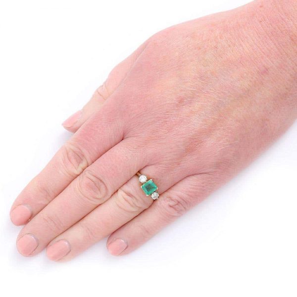 Vintage 1.48ct Emerald and 0.60ct Diamond Three Stone Ring, 18ct Yellow Gold