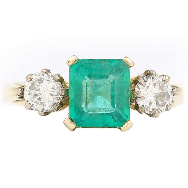 Vintage 1.48ct Emerald and 0.60ct Diamond Three Stone Ring, 18ct Yellow Gold