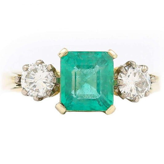Vintage 1.48ct Emerald and 0.60ct Diamond Three Stone Ring, 18ct Yellow Gold