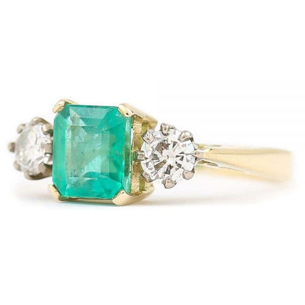 Vintage 1.48ct Emerald and 0.60ct Diamond Three Stone Ring, 18ct Yellow Gold