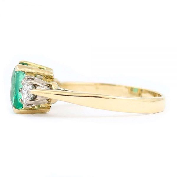 Vintage 1.48ct Emerald and 0.60ct Diamond Three Stone Ring, 18ct Yellow Gold