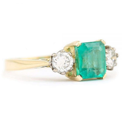 Vintage 1.48ct Emerald and 0.60ct Diamond Three Stone Ring, 18ct Yellow Gold