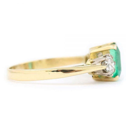 Vintage 1.48ct Emerald and 0.60ct Diamond Three Stone Ring, 18ct Yellow Gold