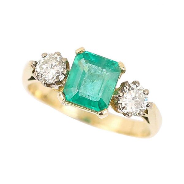 Vintage 1.48ct Emerald and 0.60ct Diamond Three Stone Ring, 18ct Yellow Gold