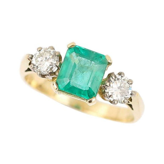 Vintage 1.48ct Emerald and 0.60ct Diamond Three Stone Ring, 18ct Yellow Gold