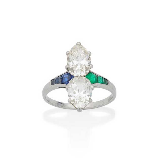 Antique Art Deco Two Stone Pear Shape Diamond Ring