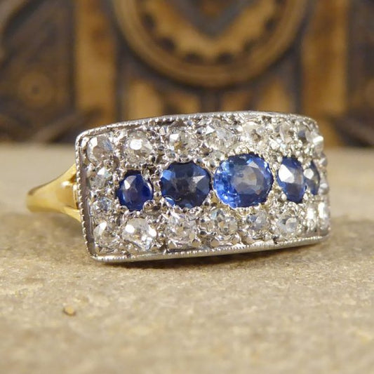 Antique Art Deco Diamond & Sapphire Horizontal Panel Ring