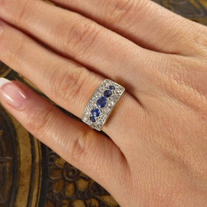 Antique Art Deco Diamond & Sapphire Horizontal Panel Ring