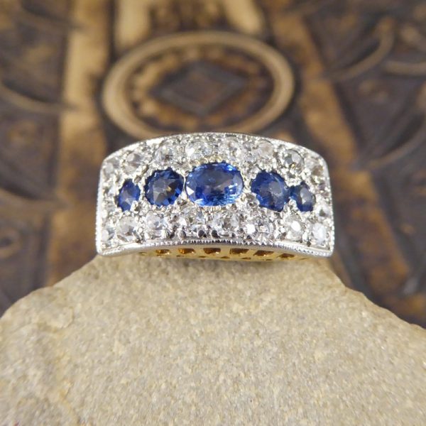 Antique Art Deco Diamond & Sapphire Horizontal Panel Ring