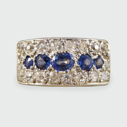 Antique Art Deco Diamond & Sapphire Horizontal Panel Ring