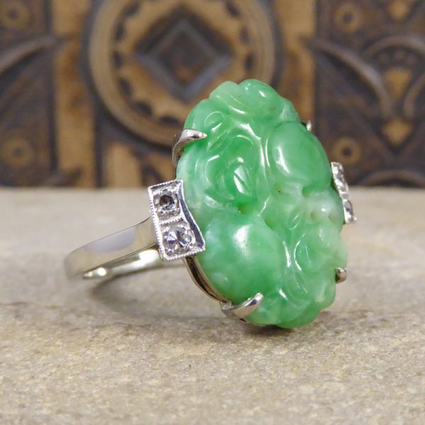 Antique Art Deco Carved Jade & Diamond Ring