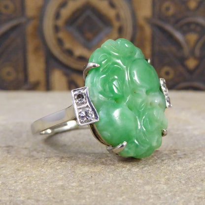 Antique Art Deco Carved Jade & Diamond Ring