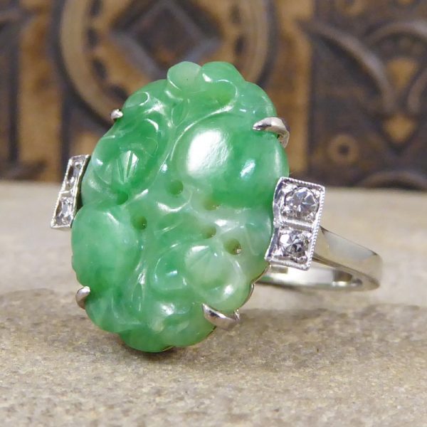 Antique Art Deco Carved Jade & Diamond Ring