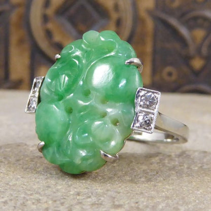 Antique Art Deco Carved Jade & Diamond Ring