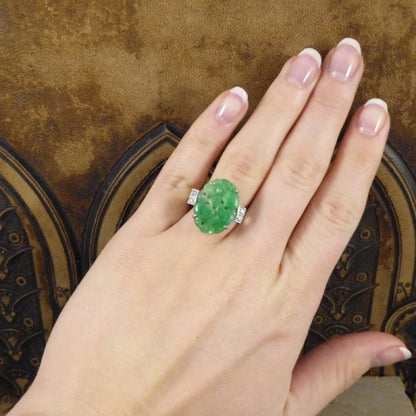 Antique Art Deco Carved Jade & Diamond Ring