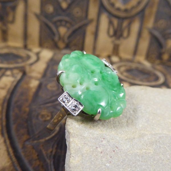 Antique Art Deco Carved Jade & Diamond Ring