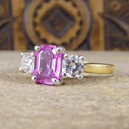 Pink Sapphire & Diamond Three Stone Ring