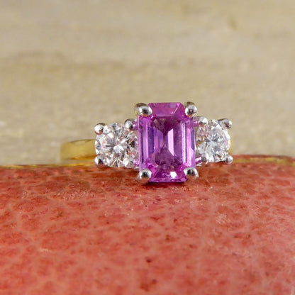 Pink Sapphire & Diamond Three Stone Ring