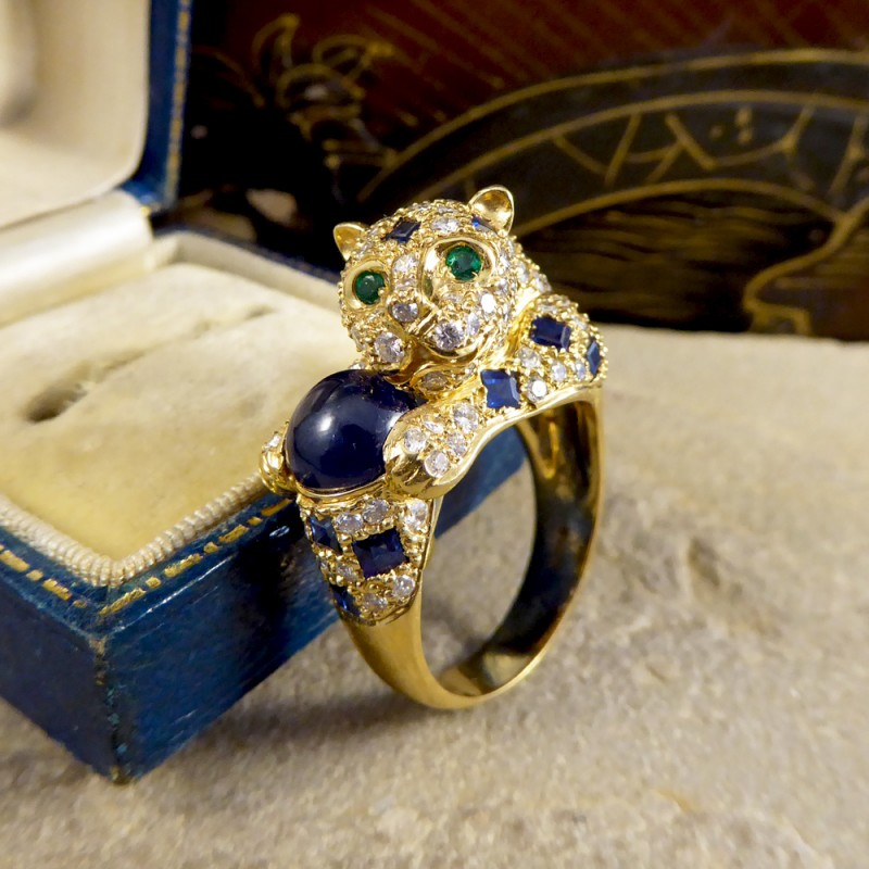 Sapphire Diamond & Emerald Set Feline Ring