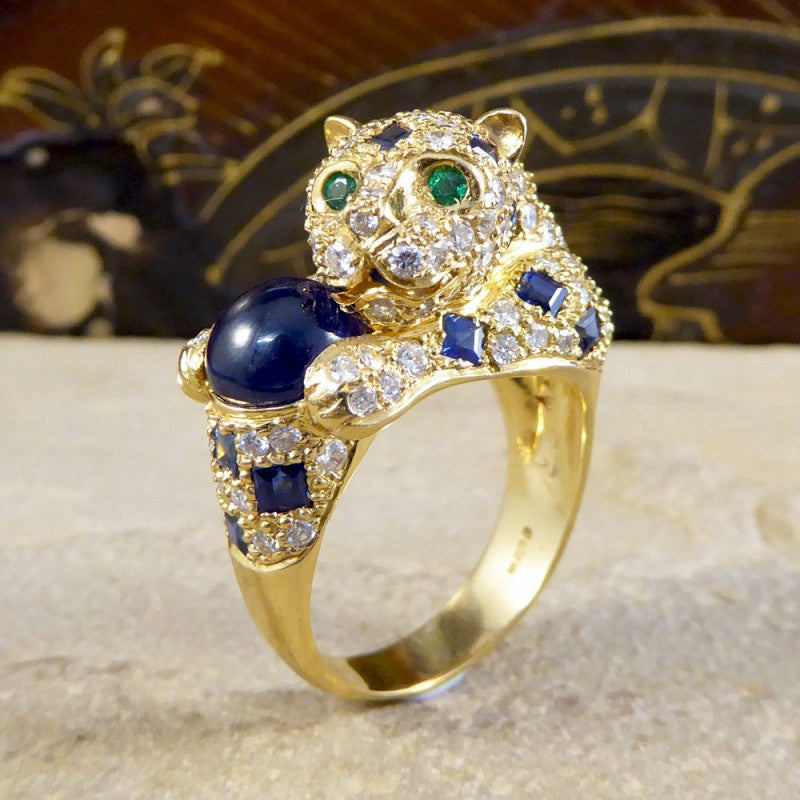 Sapphire Diamond & Emerald Set Feline Ring