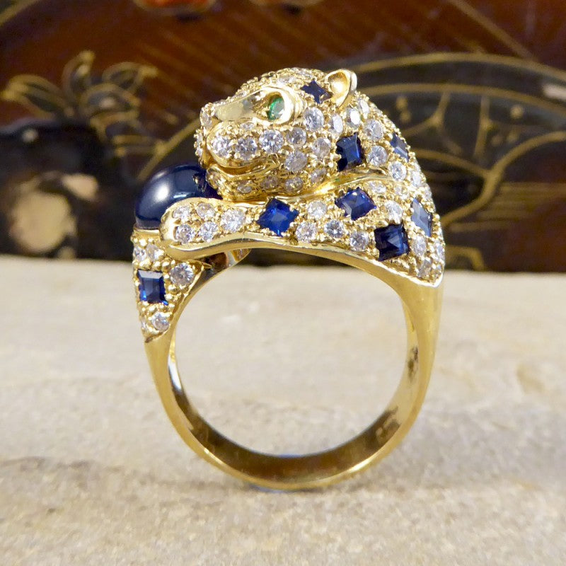 Sapphire Diamond & Emerald Set Feline Ring