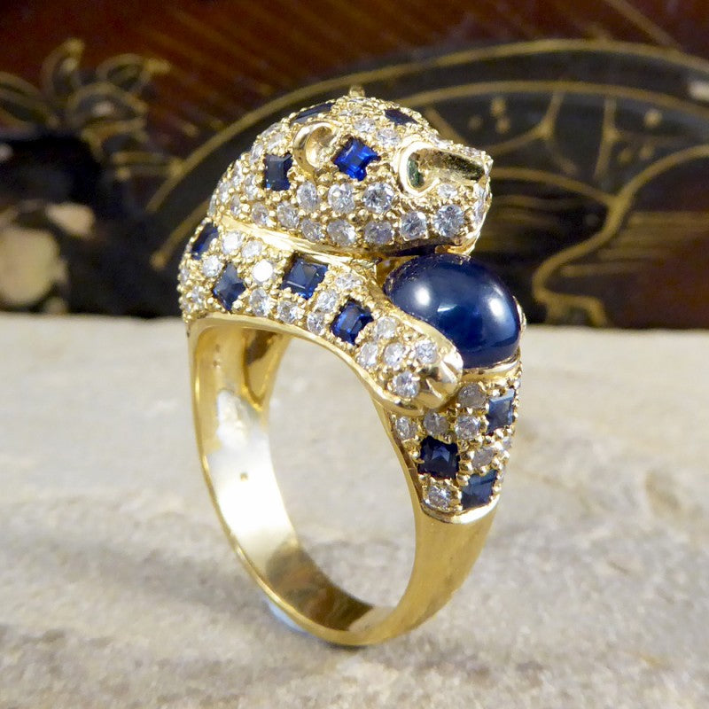 Sapphire Diamond & Emerald Set Feline Ring