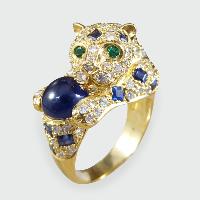 Sapphire Diamond & Emerald Set Feline Ring