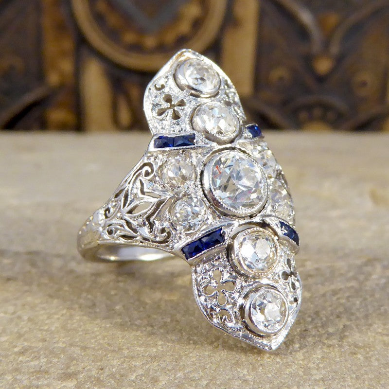 Antique Art Deco Plaque Style Diamond & Sapphire Ring