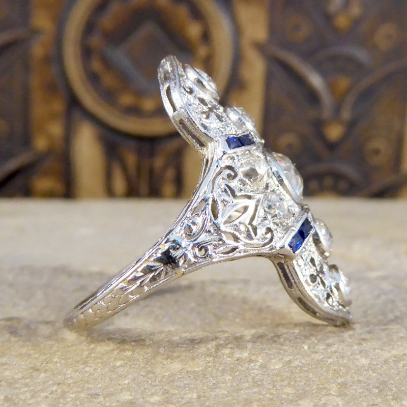 Antique Art Deco Plaque Style Diamond & Sapphire Ring
