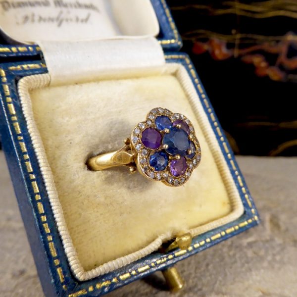Vintage 1.25ct Blue and Purple Sapphire and Diamond Flower Cluster Ring