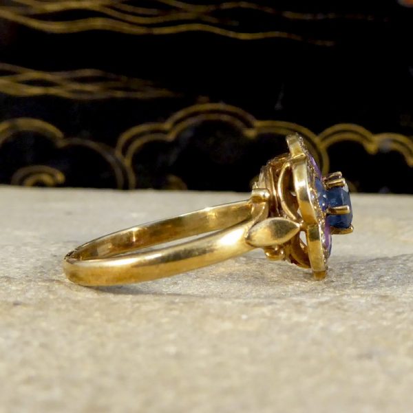 Vintage 1.25ct Blue and Purple Sapphire and Diamond Flower Cluster Ring